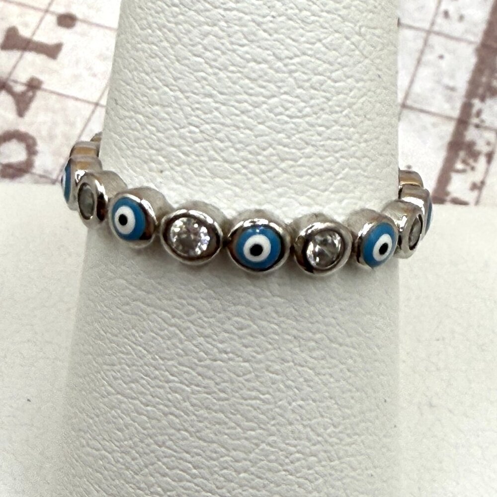 Elegant Evil Eye Symbol Sterling Silver Eternity Band Ring CZ Stones
